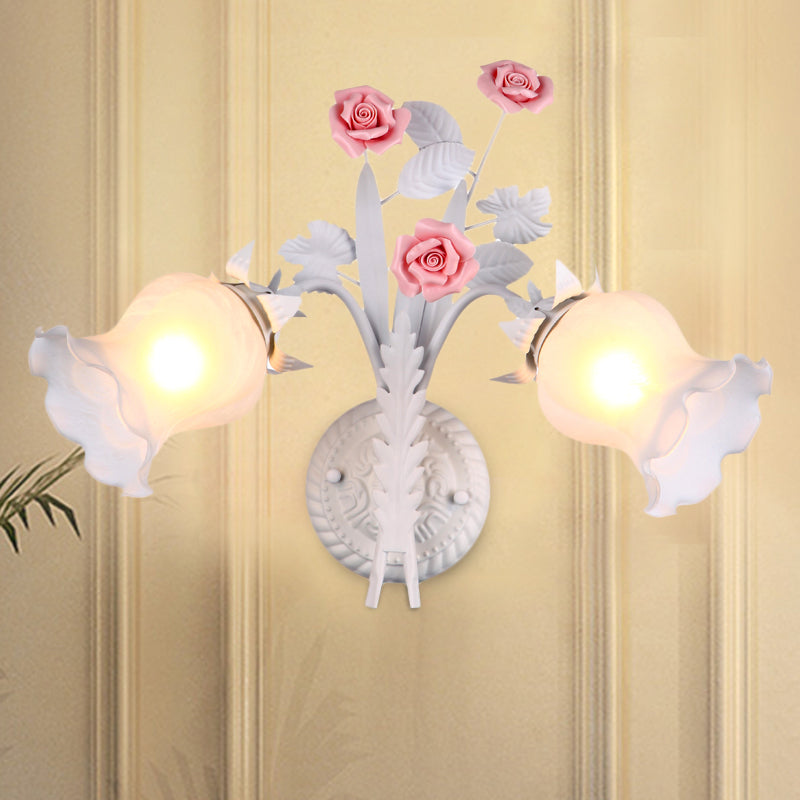 Floral Sconce Light Rural 2 Lights Opal Glass Wall Light Fixture with Bloom Deco in Green/White/Pink White Clearhalo 'Wall Lamps & Sconces' 'Wall Lights' Lighting' 818154