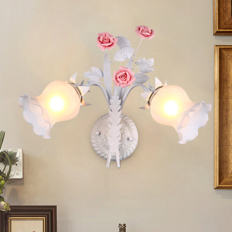 Floral Sconce Light Rural 2 Lights Opal Glass Wall Light Fixture with Bloom Deco in Green/White/Pink Clearhalo 'Wall Lamps & Sconces' 'Wall Lights' Lighting' 818155