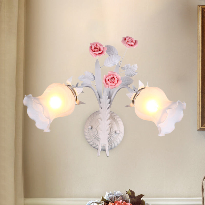 Floral Sconce Light Rural 2 Lights Opal Glass Wall Light Fixture with Bloom Deco in Green/White/Pink Clearhalo 'Wall Lamps & Sconces' 'Wall Lights' Lighting' 818156