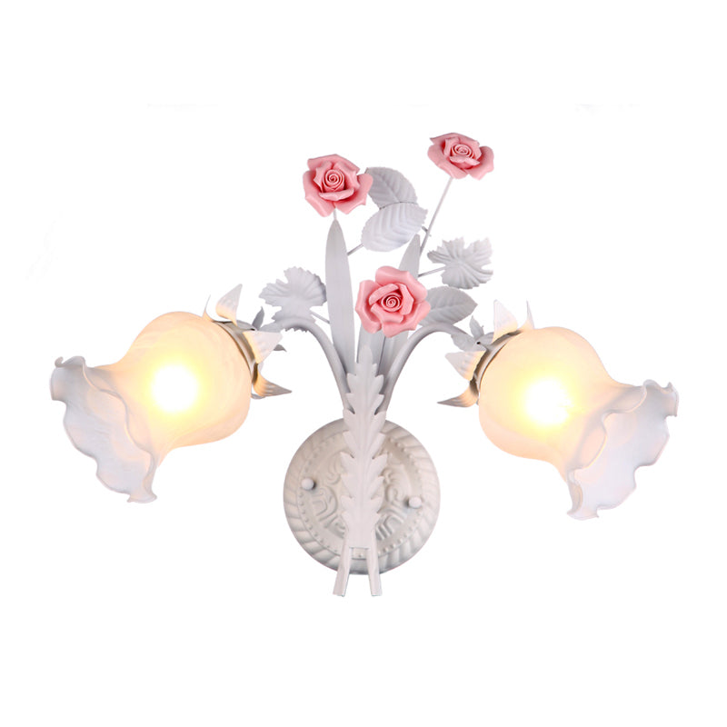 Floral Sconce Light Rural 2 Lights Opal Glass Wall Light Fixture with Bloom Deco in Green/White/Pink Clearhalo 'Wall Lamps & Sconces' 'Wall Lights' Lighting' 818157