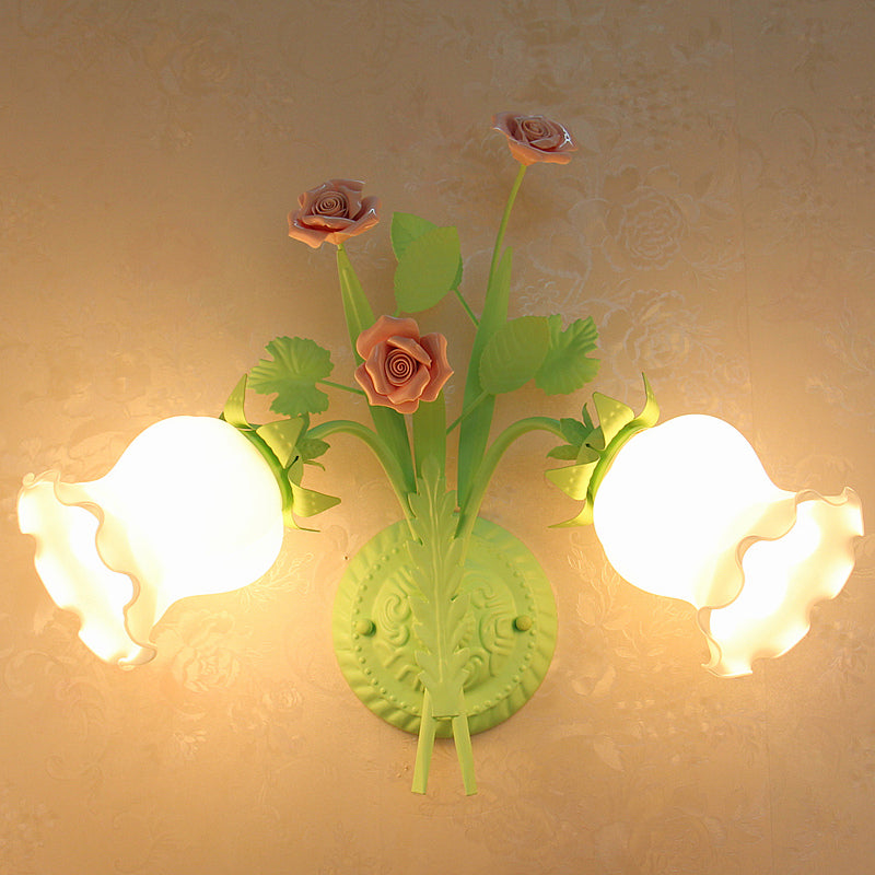 Floral Sconce Light Rural 2 Lights Opal Glass Wall Light Fixture with Bloom Deco in Green/White/Pink Clearhalo 'Wall Lamps & Sconces' 'Wall Lights' Lighting' 818160