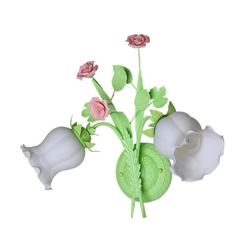 Floral Sconce Light Rural 2 Lights Opal Glass Wall Light Fixture with Bloom Deco in Green/White/Pink Clearhalo 'Wall Lamps & Sconces' 'Wall Lights' Lighting' 818161