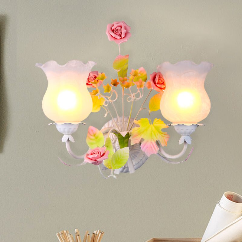 Metal Flower Sconce Light Fixture Retro 2 Heads Bedroom Wall Mounted Light with Glass Shade and Bloom Deco in White Clearhalo 'Wall Lamps & Sconces' 'Wall Lights' Lighting' 818163