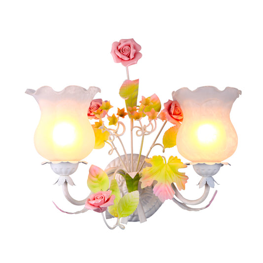 Metal Flower Sconce Light Fixture Retro 2 Heads Bedroom Wall Mounted Light with Glass Shade and Bloom Deco in White Clearhalo 'Wall Lamps & Sconces' 'Wall Lights' Lighting' 818164