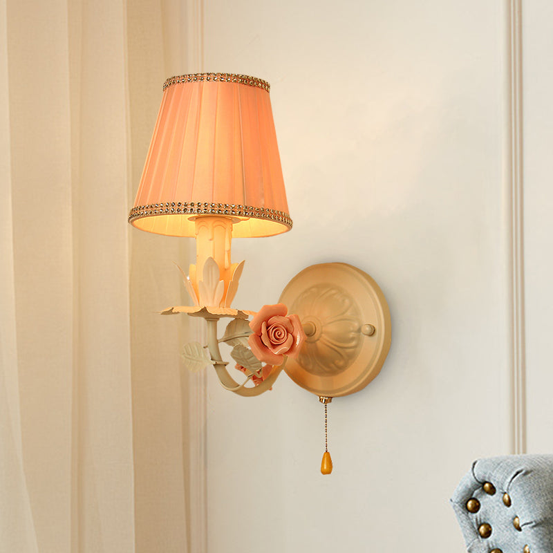 1 Head Metal Sconce Light Countryside Pink Barrel Bedroom Pull-Chain Wall Mount Lamp with Flower Deco Pink Clearhalo 'Wall Lamps & Sconces' 'Wall Lights' Lighting' 818166