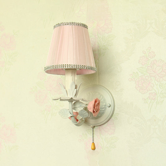 1 Head Metal Sconce Light Countryside Pink Barrel Bedroom Pull-Chain Wall Mount Lamp with Flower Deco Clearhalo 'Wall Lamps & Sconces' 'Wall Lights' Lighting' 818167