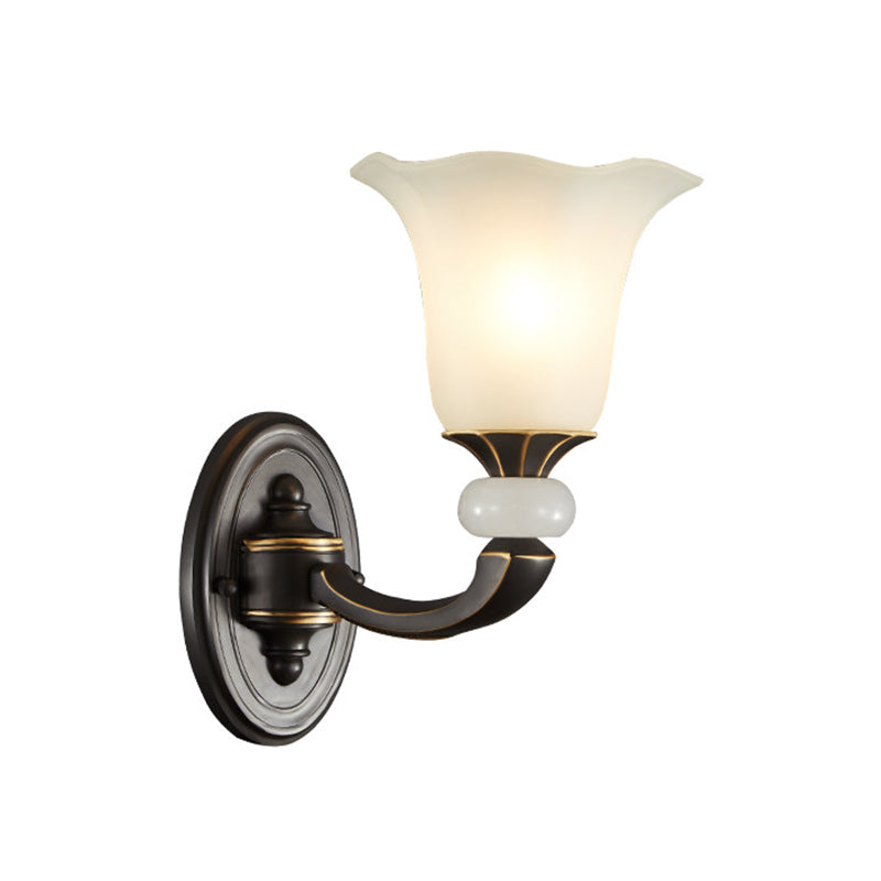 Antiqued Flower Up Wall Light Fixture 1/2-Light Frosted Glass Wall Mounted Lamp in Black and Gold Clearhalo 'Wall Lamps & Sconces' 'Wall Lights' Lighting' 818171