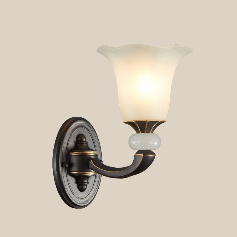 Antiqued Flower Up Wall Light Fixture 1/2-Light Frosted Glass Wall Mounted Lamp in Black and Gold Clearhalo 'Wall Lamps & Sconces' 'Wall Lights' Lighting' 818172