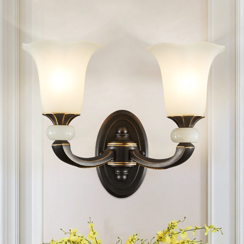 Antiqued Flower Up Wall Light Fixture 1/2-Light Frosted Glass Wall Mounted Lamp in Black and Gold 2.0 Black-Gold Clearhalo 'Wall Lamps & Sconces' 'Wall Lights' Lighting' 818174