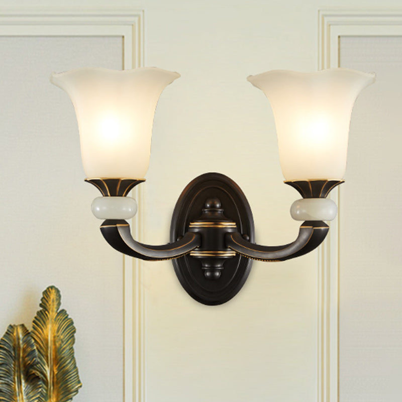 Antiqued Flower Up Wall Light Fixture 1/2-Light Frosted Glass Wall Mounted Lamp in Black and Gold Clearhalo 'Wall Lamps & Sconces' 'Wall Lights' Lighting' 818176