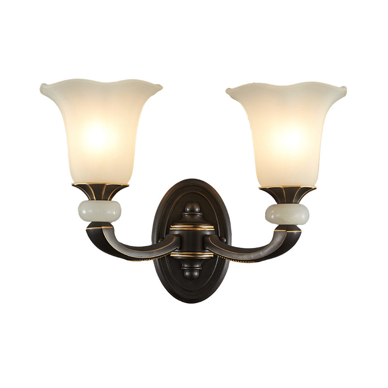 Antiqued Flower Up Wall Light Fixture 1/2-Light Frosted Glass Wall Mounted Lamp in Black and Gold Clearhalo 'Wall Lamps & Sconces' 'Wall Lights' Lighting' 818177