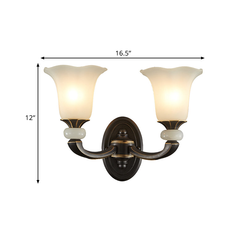 Antiqued Flower Up Wall Light Fixture 1/2-Light Frosted Glass Wall Mounted Lamp in Black and Gold Clearhalo 'Wall Lamps & Sconces' 'Wall Lights' Lighting' 818178