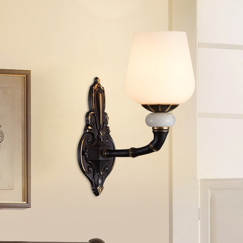 Black and Gold Cup-Shape Wall Lighting Traditional Opal Glass 1/2-Head Indoor Wall Lamp 1.0 Black-Gold Clearhalo 'Wall Lamps & Sconces' 'Wall Lights' Lighting' 818179