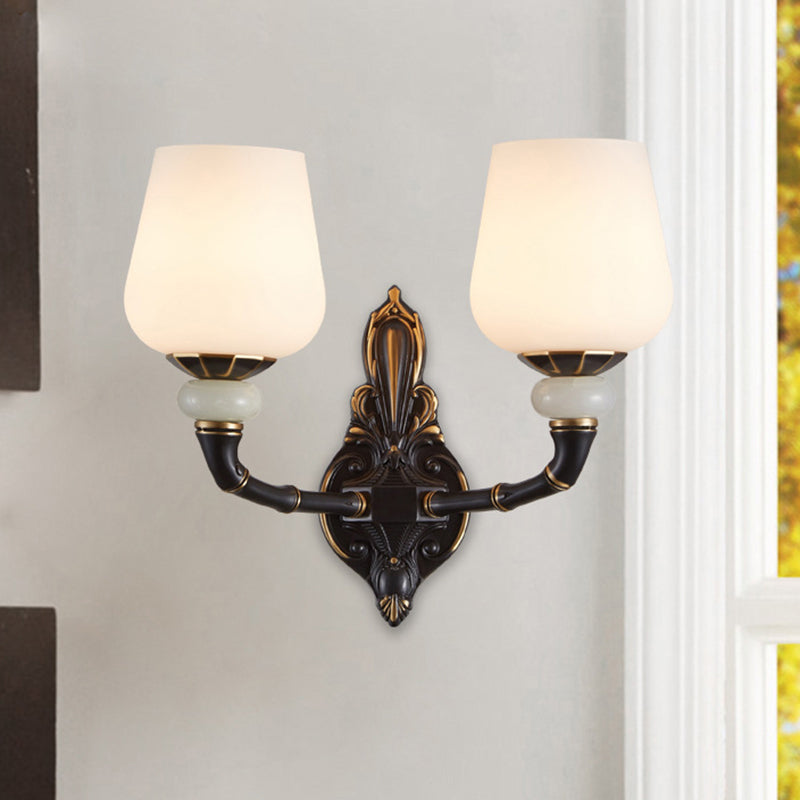 Black and Gold Cup-Shape Wall Lighting Traditional Opal Glass 1/2-Head Indoor Wall Lamp 2.0 Black-Gold Clearhalo 'Wall Lamps & Sconces' 'Wall Lights' Lighting' 818183