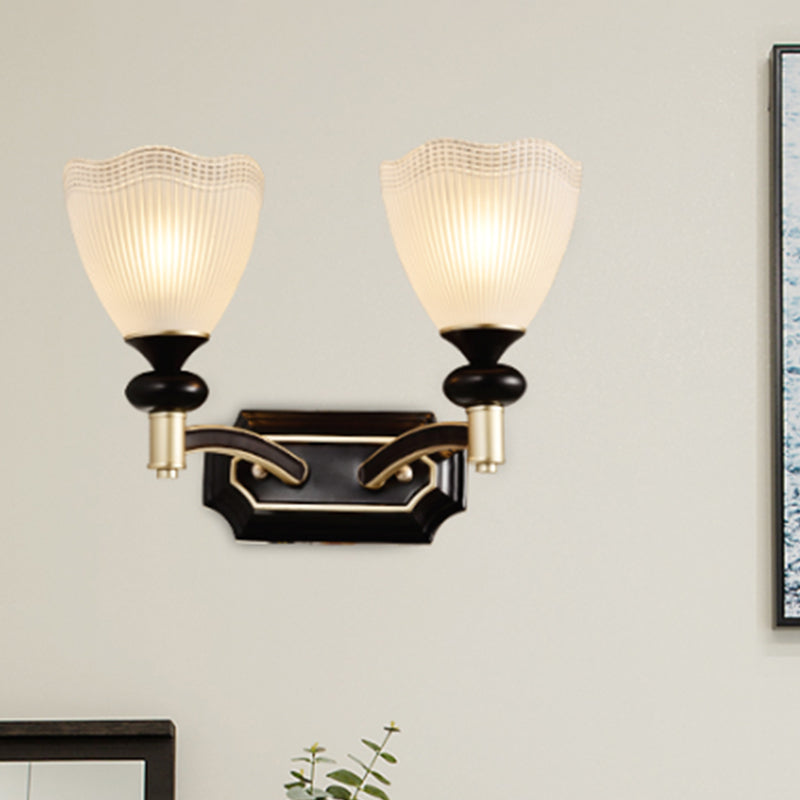 Latticed Translucent Glass Cone Up Wall Lamp Farmhouse 1/2 Light Indoor Wall Mount Lighting in Black and Gold 2.0 Black-Gold Clearhalo 'Wall Lamps & Sconces' 'Wall Lights' Lighting' 818192