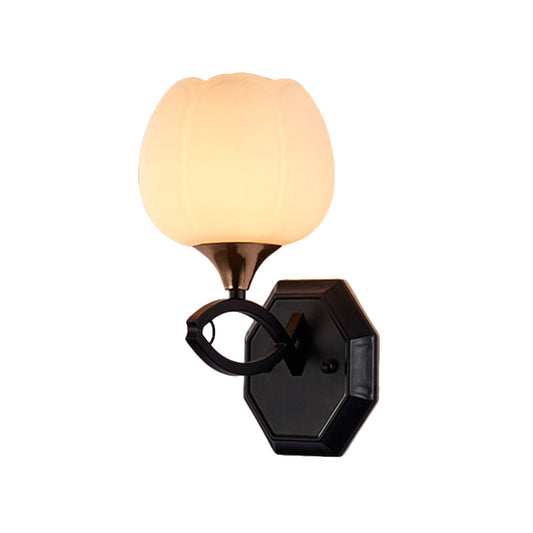 Bud Shape Indoor Wall Sconce Lighting Traditional White Glass 1 Head Black Finish Wall Lamp Clearhalo 'Wall Lamps & Sconces' 'Wall Lights' Lighting' 818207