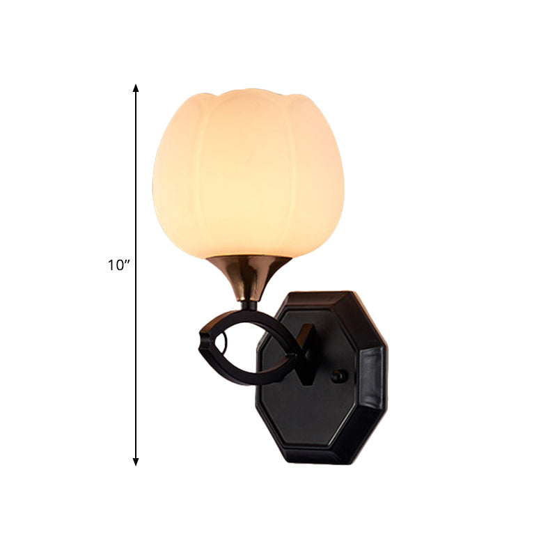 Bud Shape Indoor Wall Sconce Lighting Traditional White Glass 1 Head Black Finish Wall Lamp Clearhalo 'Wall Lamps & Sconces' 'Wall Lights' Lighting' 818209