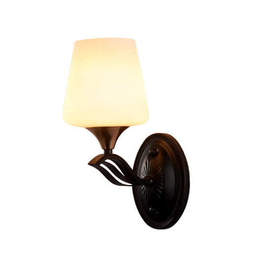 Black 1-Light Wall Mounted Light Traditional White Frosted Glass Conic Wall Lamp Fixture Clearhalo 'Wall Lamps & Sconces' 'Wall Lights' Lighting' 818211