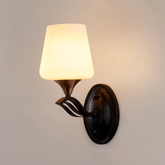 Black 1-Light Wall Mounted Light Traditional White Frosted Glass Conic Wall Lamp Fixture Clearhalo 'Wall Lamps & Sconces' 'Wall Lights' Lighting' 818212