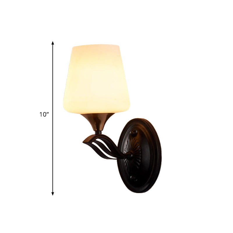 Black 1-Light Wall Mounted Light Traditional White Frosted Glass Conic Wall Lamp Fixture Clearhalo 'Wall Lamps & Sconces' 'Wall Lights' Lighting' 818213