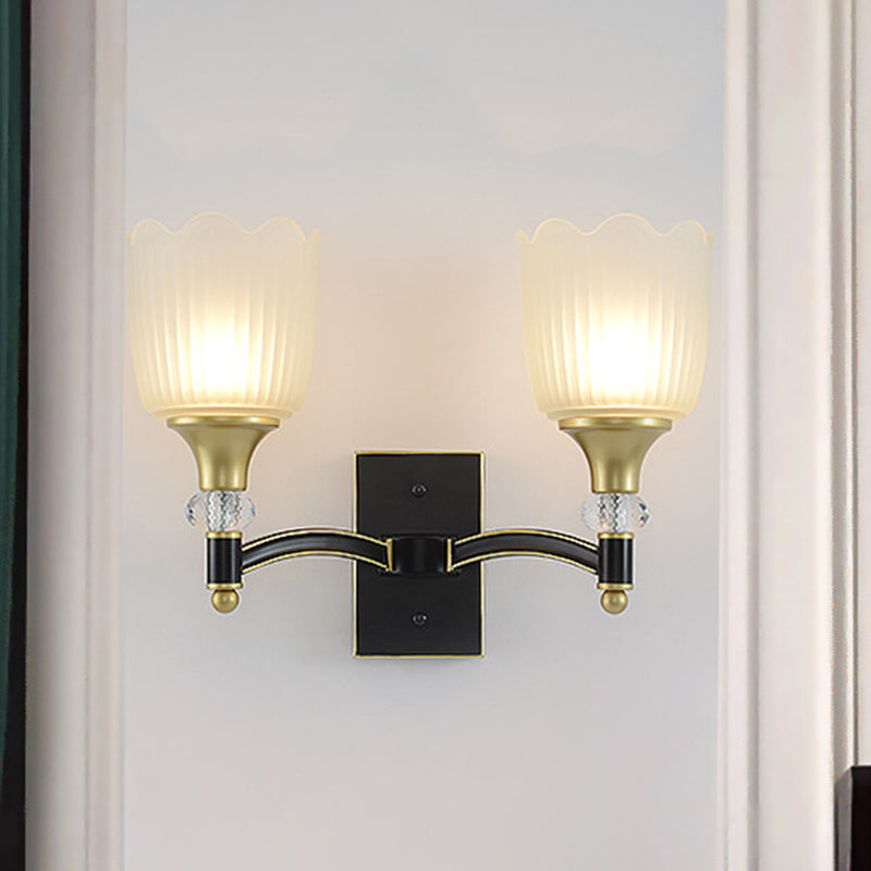 Farmhouse Scalloped Floral Wall Lighting 1/2 Heads Opal Glass Wall Mount Lamp in Black and Gold 2.0 Black Clearhalo 'Wall Lamps & Sconces' 'Wall Lights' Lighting' 818218