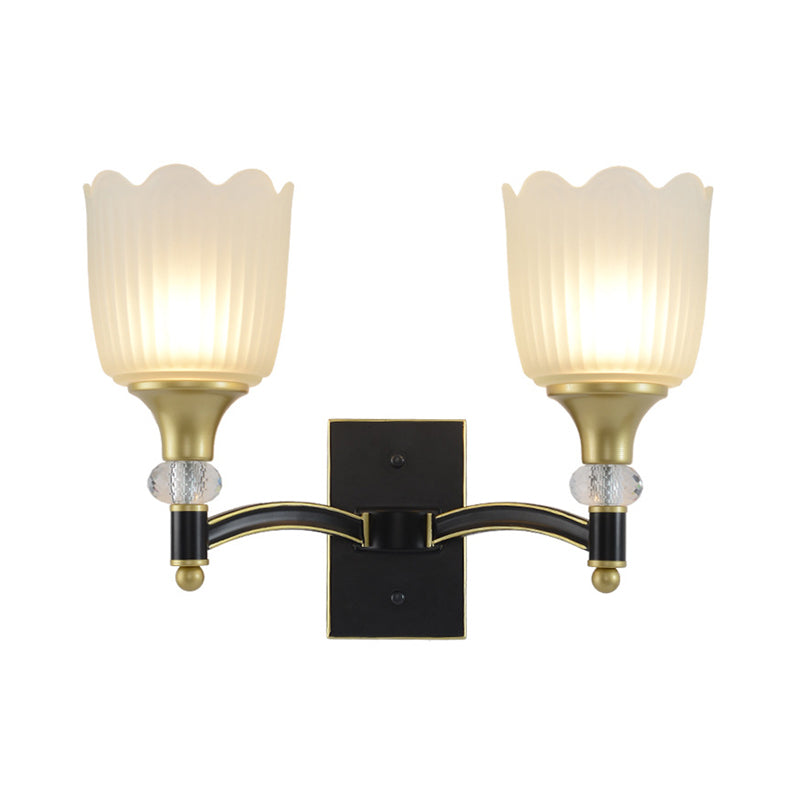 Farmhouse Scalloped Floral Wall Lighting 1/2 Heads Opal Glass Wall Mount Lamp in Black and Gold Clearhalo 'Wall Lamps & Sconces' 'Wall Lights' Lighting' 818221