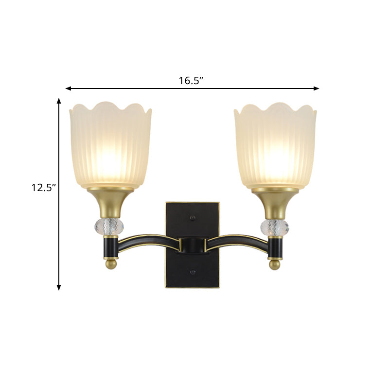 Farmhouse Scalloped Floral Wall Lighting 1/2 Heads Opal Glass Wall Mount Lamp in Black and Gold Clearhalo 'Wall Lamps & Sconces' 'Wall Lights' Lighting' 818222