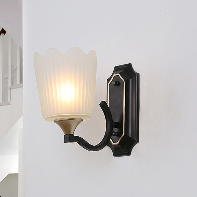 1/2-Light Scalloped Cup Wall Light Sconce Vintage Black Finish Frosted Glass Wall Mount Lamp 1.0 Black Clearhalo 'Wall Lamps & Sconces' 'Wall Lights' Lighting' 818223