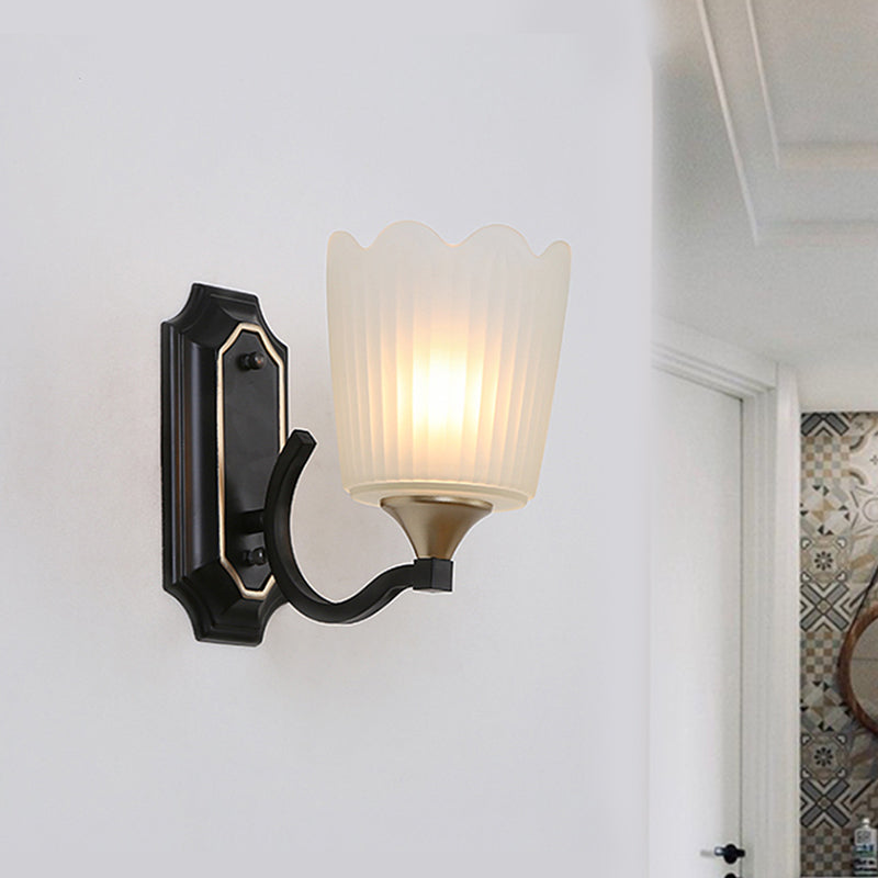 1/2-Light Scalloped Cup Wall Light Sconce Vintage Black Finish Frosted Glass Wall Mount Lamp Clearhalo 'Wall Lamps & Sconces' 'Wall Lights' Lighting' 818224