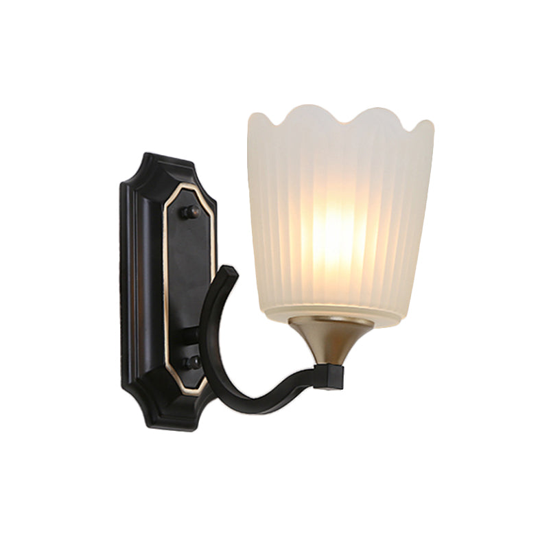 1/2-Light Scalloped Cup Wall Light Sconce Vintage Black Finish Frosted Glass Wall Mount Lamp Clearhalo 'Wall Lamps & Sconces' 'Wall Lights' Lighting' 818225