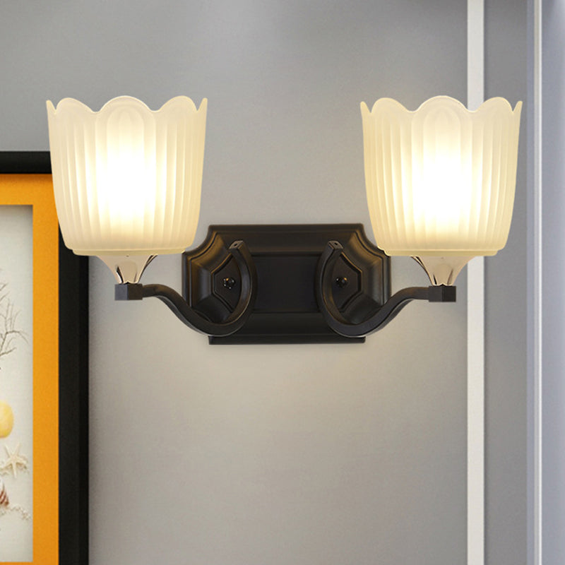 1/2-Light Scalloped Cup Wall Light Sconce Vintage Black Finish Frosted Glass Wall Mount Lamp 2.0 Black Clearhalo 'Wall Lamps & Sconces' 'Wall Lights' Lighting' 818227