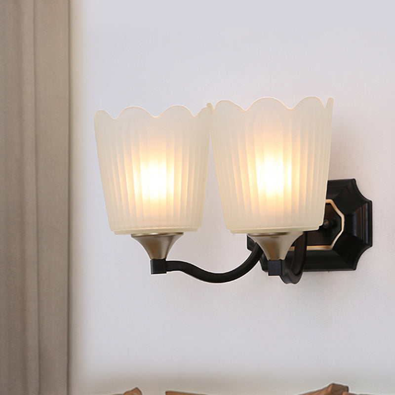 1/2-Light Scalloped Cup Wall Light Sconce Vintage Black Finish Frosted Glass Wall Mount Lamp Clearhalo 'Wall Lamps & Sconces' 'Wall Lights' Lighting' 818228