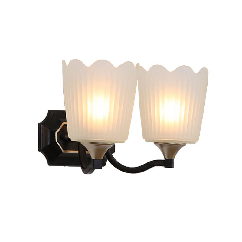 1/2-Light Scalloped Cup Wall Light Sconce Vintage Black Finish Frosted Glass Wall Mount Lamp Clearhalo 'Wall Lamps & Sconces' 'Wall Lights' Lighting' 818229