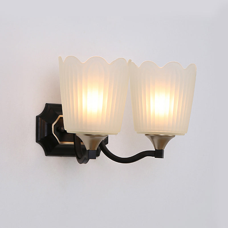 1/2-Light Scalloped Cup Wall Light Sconce Vintage Black Finish Frosted Glass Wall Mount Lamp Clearhalo 'Wall Lamps & Sconces' 'Wall Lights' Lighting' 818230