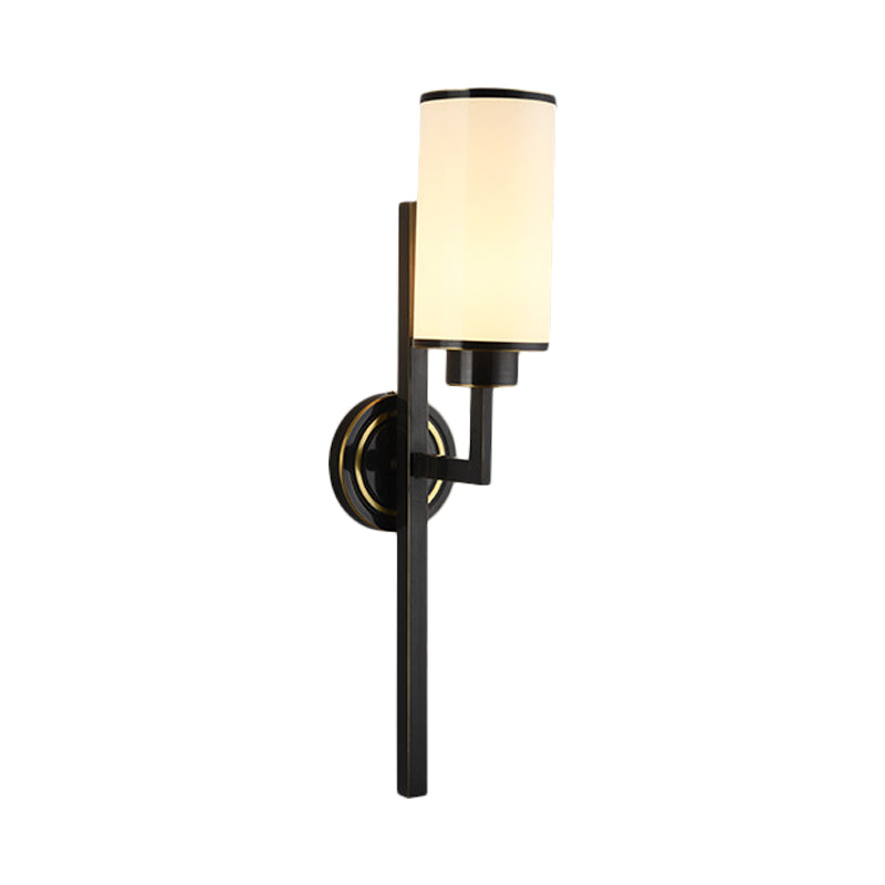 Cylindrical Living Room Wall Lamp Country Opal Glass Single Bulb Black Wall Lighting Fixture Clearhalo 'Wall Lamps & Sconces' 'Wall Lights' Lighting' 818234