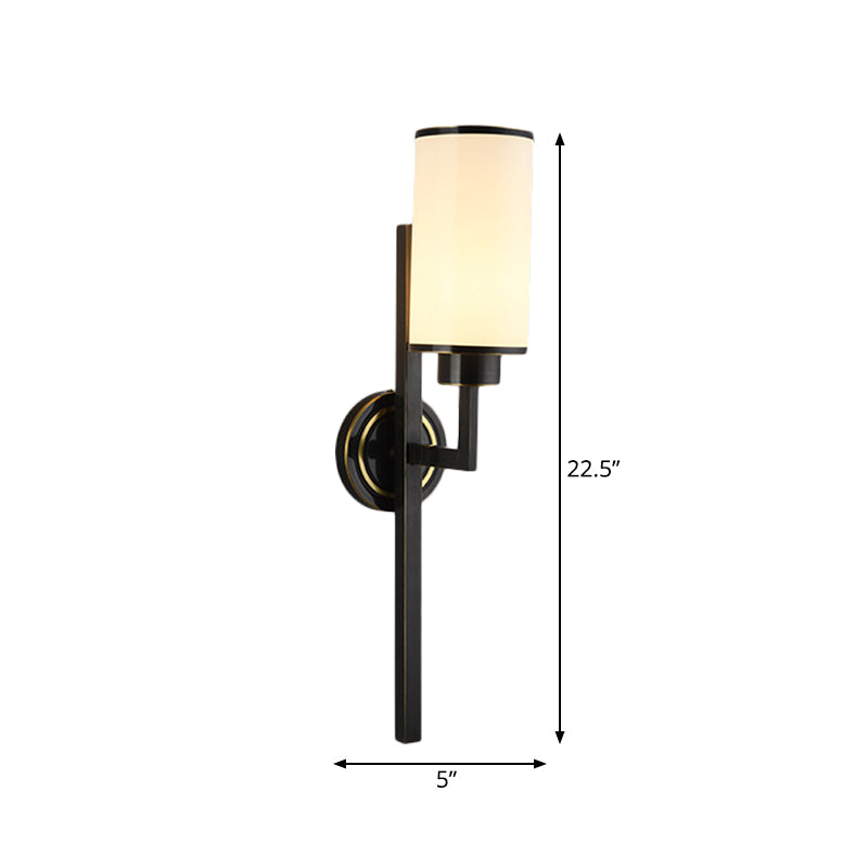 Cylindrical Living Room Wall Lamp Country Opal Glass Single Bulb Black Wall Lighting Fixture Clearhalo 'Wall Lamps & Sconces' 'Wall Lights' Lighting' 818235