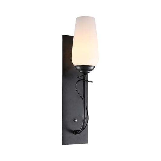 Single Light Wall Sconce Lamp Rustic Conical White Glass Wall Mounted Light Fixture in Black Clearhalo 'Wall Lamps & Sconces' 'Wall Lights' Lighting' 818238