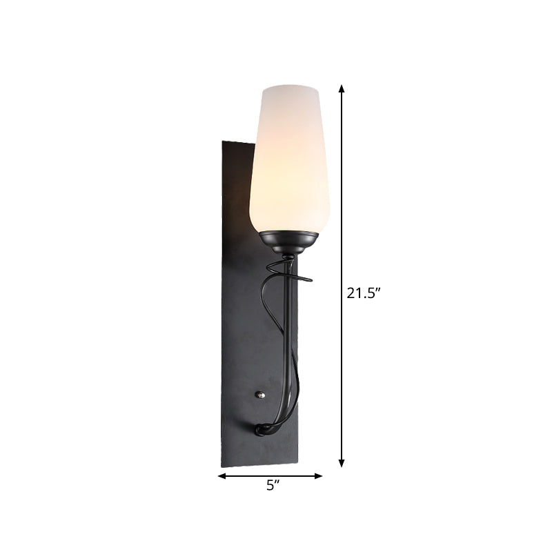 Single Light Wall Sconce Lamp Rustic Conical White Glass Wall Mounted Light Fixture in Black Clearhalo 'Wall Lamps & Sconces' 'Wall Lights' Lighting' 818239