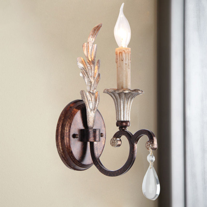 Curved Arm Bedroom Wall Mount Lamp Country Metal 1 Light Rust Wall Hanging Light with Crystal Accent Rust Clearhalo 'Wall Lamps & Sconces' 'Wall Lights' Lighting' 818240