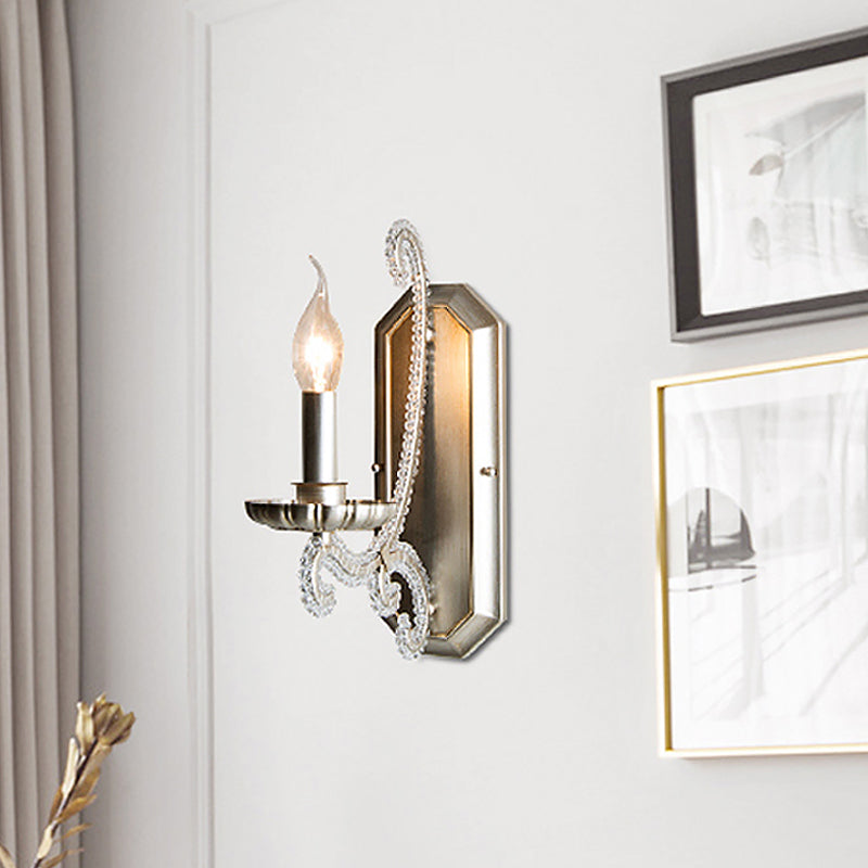 Silver Candelabra Wall Mounted Lighting Traditional Crystal Strand 1/2-Bulb Bedroom Wall Light Fixture 1.0 Silver Clearhalo 'Wall Lamps & Sconces' 'Wall Lights' Lighting' 818244