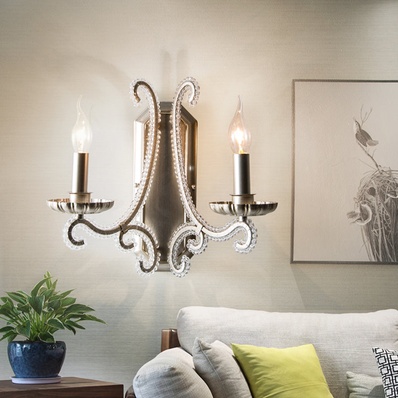 Silver Candelabra Wall Mounted Lighting Traditional Crystal Strand 1/2-Bulb Bedroom Wall Light Fixture 2.0 Silver Clearhalo 'Wall Lamps & Sconces' 'Wall Lights' Lighting' 818248