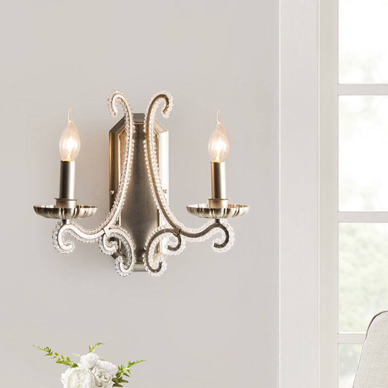 Silver Candelabra Wall Mounted Lighting Traditional Crystal Strand 1/2-Bulb Bedroom Wall Light Fixture Clearhalo 'Wall Lamps & Sconces' 'Wall Lights' Lighting' 818249