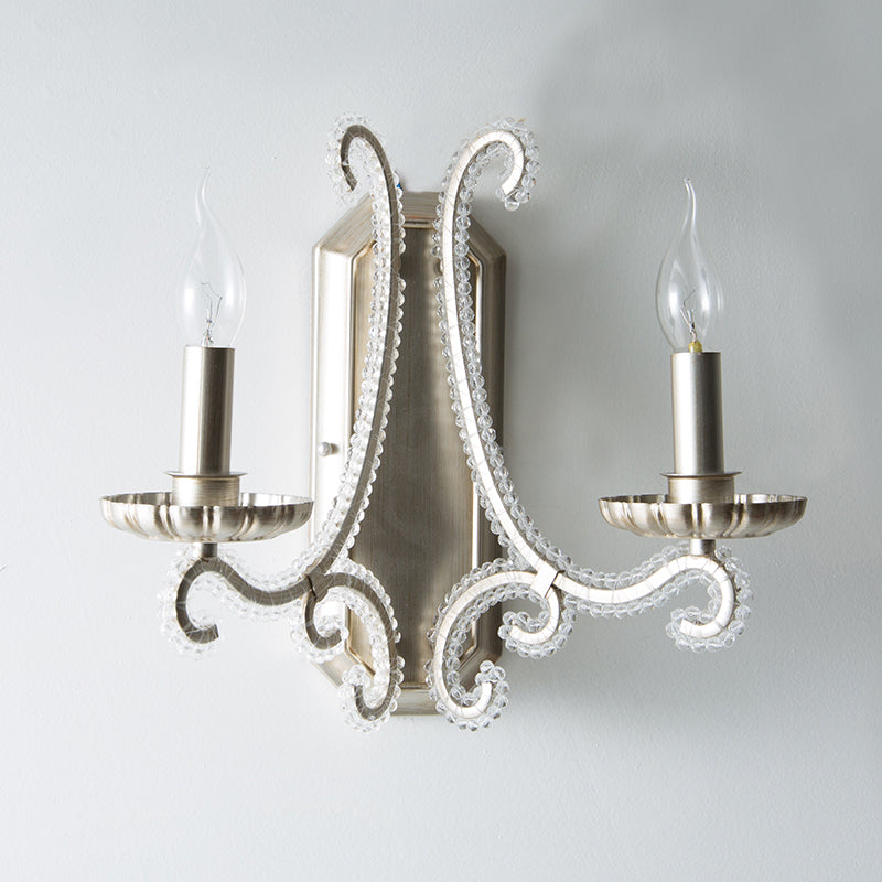 Silver Candelabra Wall Mounted Lighting Traditional Crystal Strand 1/2-Bulb Bedroom Wall Light Fixture Clearhalo 'Wall Lamps & Sconces' 'Wall Lights' Lighting' 818251