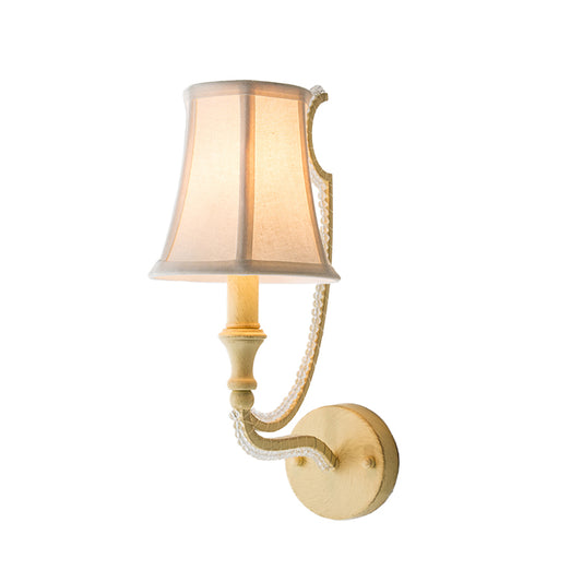 1/2-Bulb Wall Lighting Ideas Rustic Paneled Bell Fabric Wall Light Fixture in Beige/Aged Silver with Crystal Droplet Clearhalo 'Wall Lamps & Sconces' 'Wall Lights' Lighting' 818254