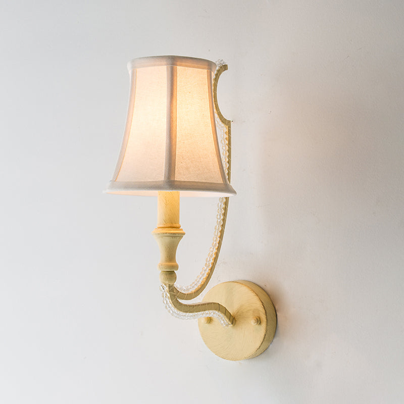 1/2-Bulb Wall Lighting Ideas Rustic Paneled Bell Fabric Wall Light Fixture in Beige/Aged Silver with Crystal Droplet Clearhalo 'Wall Lamps & Sconces' 'Wall Lights' Lighting' 818255