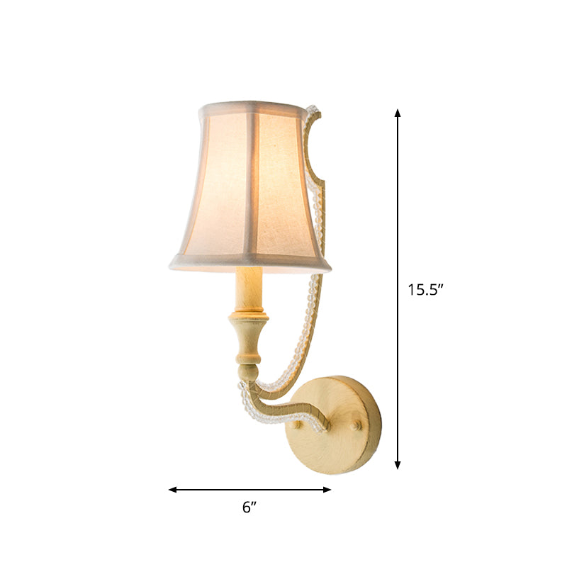 1/2-Bulb Wall Lighting Ideas Rustic Paneled Bell Fabric Wall Light Fixture in Beige/Aged Silver with Crystal Droplet Clearhalo 'Wall Lamps & Sconces' 'Wall Lights' Lighting' 818256