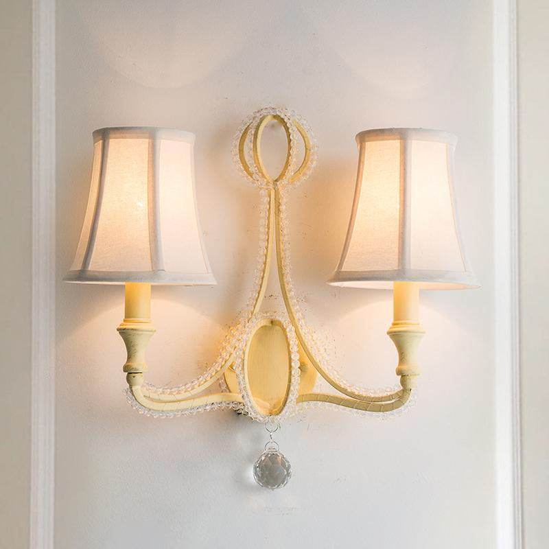 1/2-Bulb Wall Lighting Ideas Rustic Paneled Bell Fabric Wall Light Fixture in Beige/Aged Silver with Crystal Droplet 2.0 Beige Clearhalo 'Wall Lamps & Sconces' 'Wall Lights' Lighting' 818257