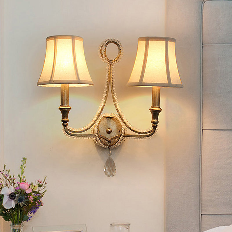 1/2-Bulb Wall Lighting Ideas Rustic Paneled Bell Fabric Wall Light Fixture in Beige/Aged Silver with Crystal Droplet 2.0 Aged Silver Clearhalo 'Wall Lamps & Sconces' 'Wall Lights' Lighting' 818261