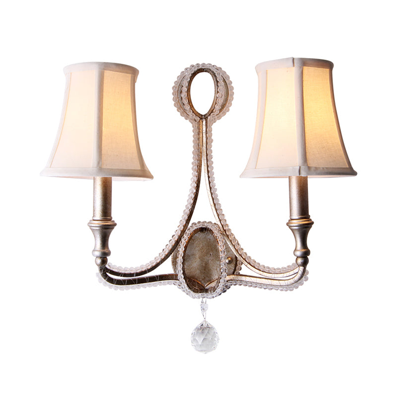 1/2-Bulb Wall Lighting Ideas Rustic Paneled Bell Fabric Wall Light Fixture in Beige/Aged Silver with Crystal Droplet Clearhalo 'Wall Lamps & Sconces' 'Wall Lights' Lighting' 818263