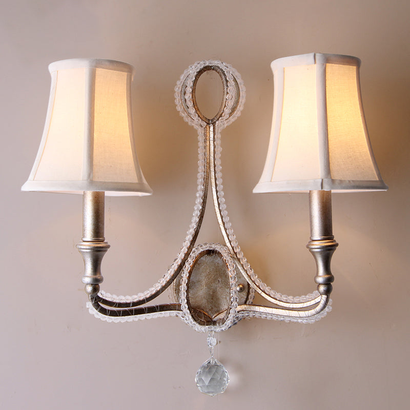 1/2-Bulb Wall Lighting Ideas Rustic Paneled Bell Fabric Wall Light Fixture in Beige/Aged Silver with Crystal Droplet Clearhalo 'Wall Lamps & Sconces' 'Wall Lights' Lighting' 818264